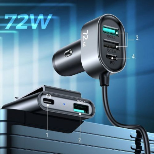 Joyroom Car Charger 5-in-1, C+C+U+U+U, QC 3.0, PD 3.0, FCP, AFC, 12V/24V, 72W, Black (JR-CL05) DO843138-016