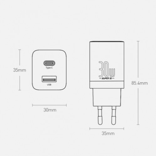 Baseus Travel Charger Super Si Pro mini Fast Charger, C+U, PD 3.0, QC 3.0 30W EU White (CCSUPP-E02) DA102058-013