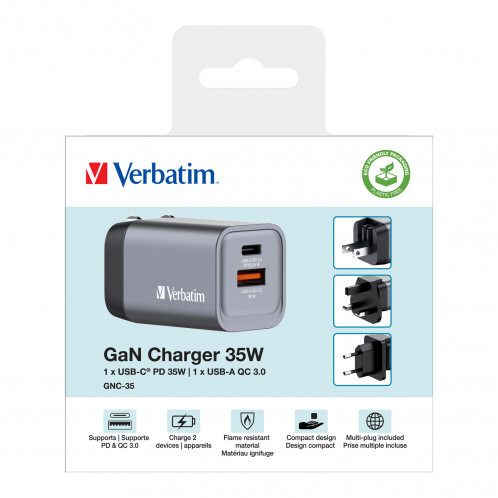 Verbatim GNC-35 GaN Chargeur 34W 1xUSB-C PD, 1xUSB-A QC 3.0 32200 871782-010