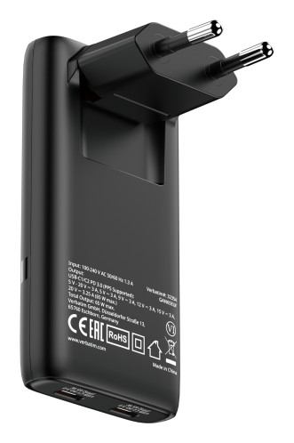 Verbatim Fold n Go GaN Chargeur 65W 2xUSB C noir pliable 32354 202444-02
