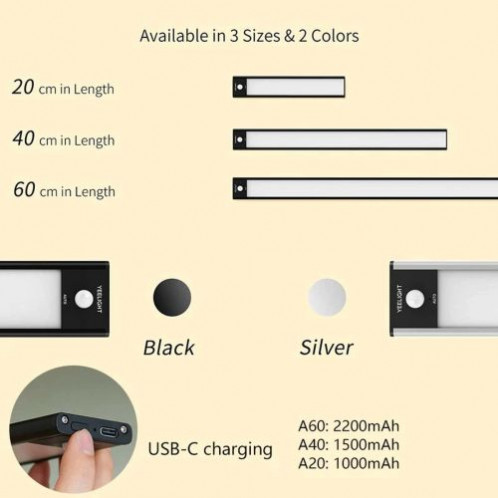 Xiaomi Yeelight Motion Sensor Closet Light A40, 1500mAh, 2700K, Black EU YDQA1620007BKGL DI970703-07