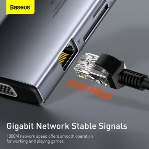 Baseus HUB Metal Gleam Series 9-in-1 Multifunctional (Type-C to 3x USB3.2/PD 100W/VGA Full HD 60Hz/HDMI 4K/TF+SD card/ RJ45) Space Gray (CAHUB-CU0G) DA387397-016