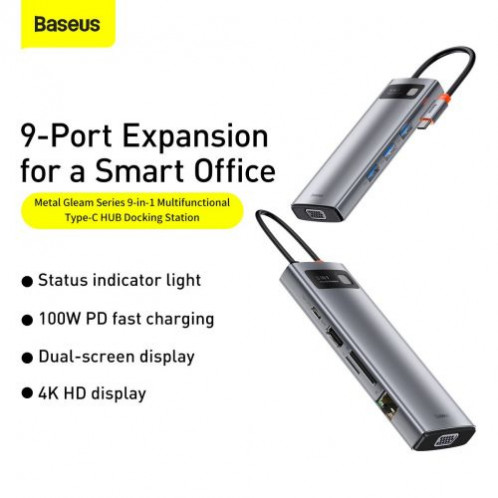 Baseus HUB Metal Gleam Series 9-in-1 Multifunctional (Type-C to 3x USB3.2/PD 100W/VGA Full HD 60Hz/HDMI 4K/TF+SD card/ RJ45) Space Gray (CAHUB-CU0G) DA387397-016