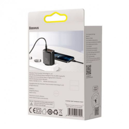 Baseus Travel Charger Compact Quick Charger U+U+C PD3.0, QC 3.0 30W EU Black (CCXJ-E01) DA897422-015