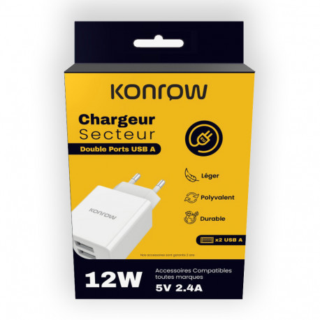 Konrow KC12AAW Adaptateur Secteur 2 Ports USB A Charge rapide 12W, Blanc (Compatible, Blister) KC12AAW-01