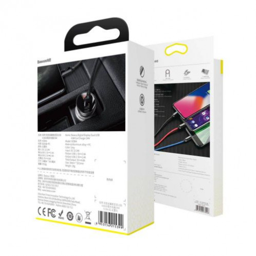 Baseus Car Charger Digital Display 2xUSB with 3-in-1 Cable 1.2m, 24W 4.8A, Black/Gray (TZCCBX-0G) DA720141-08