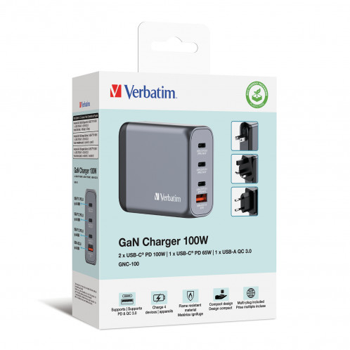 Verbatim GNC-100 GaN Charg. 100W 3xUSB-C PD, 1xUSB-A QC 3.0 32202 871796-010