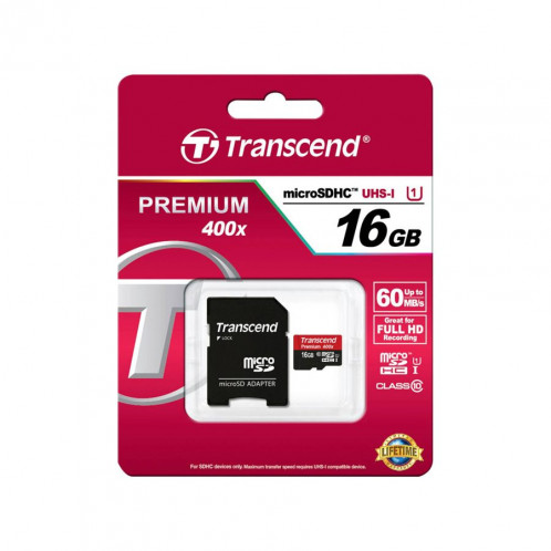 Transcend microSDHC 16GB Class 10 UHS-I 400x + adaptateur SD 663817-03