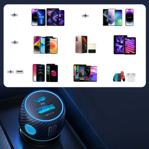Joyroom Car Charger U+C, QC 3.0, PD, 60W, RGB, Black (JR-CCN01) DO615369-012