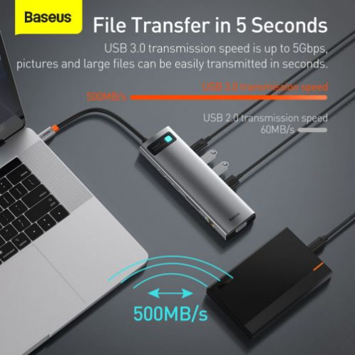 Baseus HUB Metal Gleam Series 11-in-1 Multifunctional (Type-C to 3xUSB3.2/PD 100W/3,5 mm Jack/VGA Full HD 60Hz/2xHDMI 4K/TF+SD card/ RJ45) Space Gray (CAHUB-CT0G) DA5380592-016