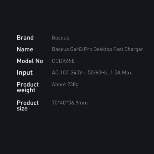 Baseus Travel Charger GaN3 Pro Quick wall charger C+C+U, PD3.0, QC4.0 +, AFC, FCP, SCP, PPS, MTK, (with Type C Type C cable 1m) 65W, Black EU (CCGP040101) DA2122221-017
