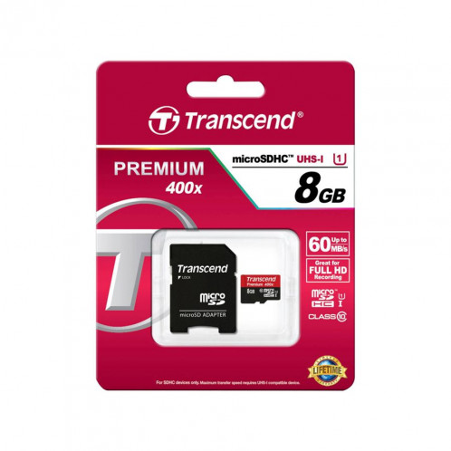 Transcend microSDHC 8GB Class 10 UHS-I 400x + adaptateur SD 669879-03