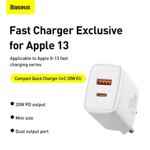 Baseus Travel Charger Compact Quick Charger U+C 20W EU White (CCXJ-B02) DA720532-015