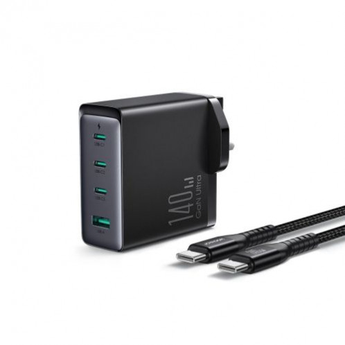 Joyroom Travel Charger GaN Fast Charger (UK) C+C+C+U, 140W, with Type-C to Type-C, PD 240W cable (1,2m) Black EU (JR-TCG05UK) DO2670100-02