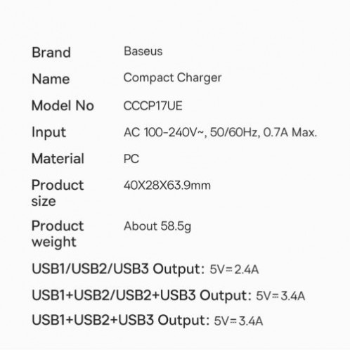 Baseus Travel Charger Compact wall Charger U+U+U, 17W EU black (CCXJ020101) DA529794-018