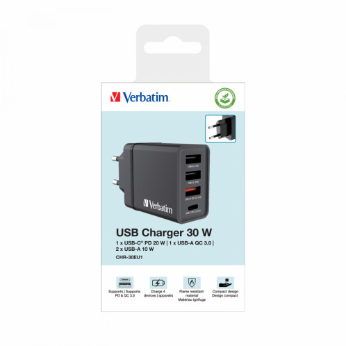 Verbatim USB Chargeur mural 30W 1xUSB-C PD 3xUSB-A noir 49700 125885-05