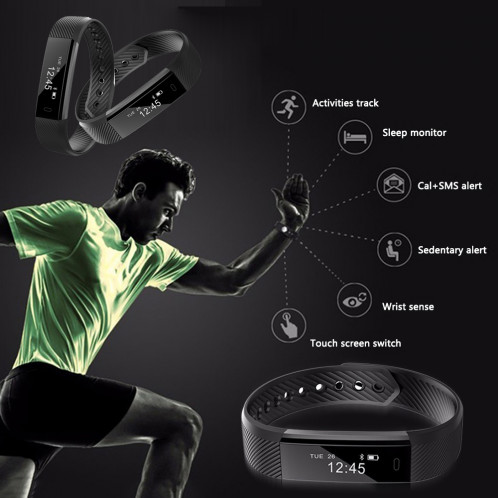 115 Sports Montre Smart Watch Hommes Femmes Fitness Mode Tracker Moniteur Bracelet Réveil-bracelet Bluetooth Rappel Noir C9200535-014