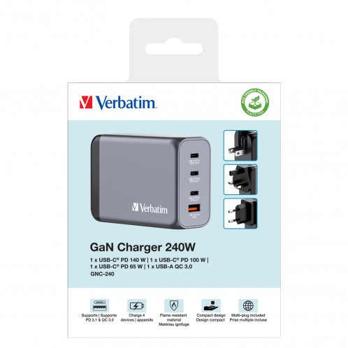 Verbatim GNC-240 GaN Charg. 240W 3xUSB-C PD, 1xUSB-A QC 3.0 32205 871817-010