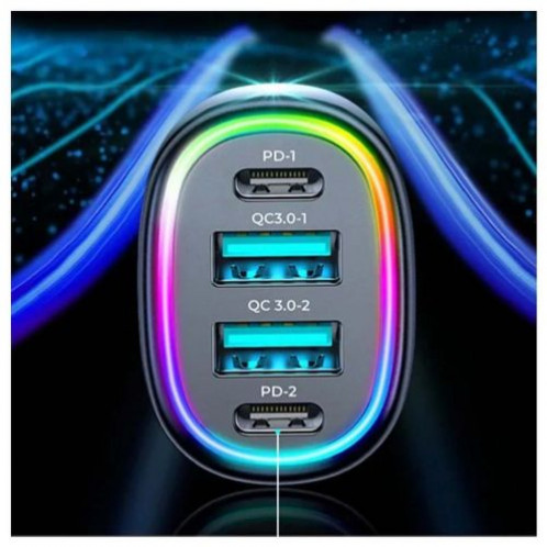 Joyroom Car Charger U+U+C+C, 2xQC 3.0, 2xPD, 70W, RGB, Black (JR-CL29) DO913816-06