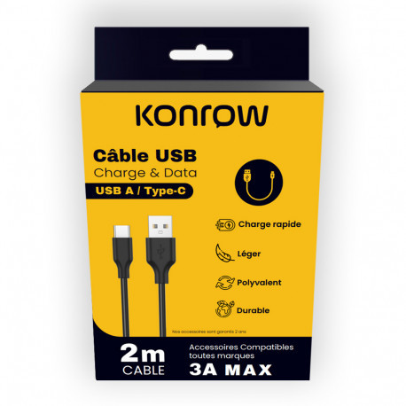 Konrow KCATCPB2 Câble USB Type C vers Type A (2m, Noir) Emballage Original KCATCPB2-01