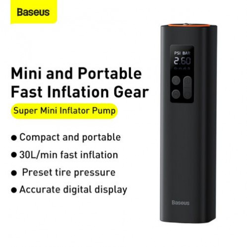 Baseus Car Tool Super Mini Inflator Tyre Pump 15sec Fast Inflation, 4 Tires in 25 Minutes, Black (CRCQ000001) DA2029512-016