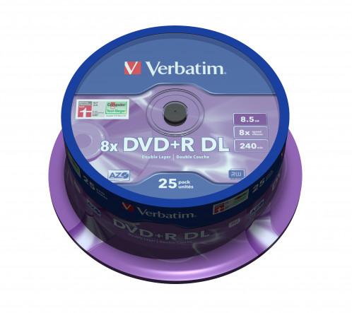 1x25 Verbatim DVD+R Double Layer 8x Speed, 8,5GB mat argent 742287-03