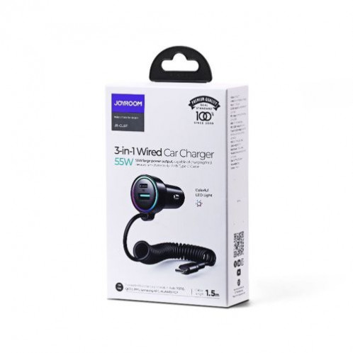 Joyroom Car Charger 3-in-1, C+U with Type-C Coiled Cable 1.5m, 55W, Black (JR-CL07) DO838255-09