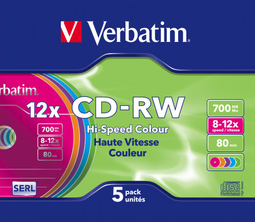 1x5 Verbatim CD-RW 80 / 700MB 10x Speed, Colour, Slim 545977-00