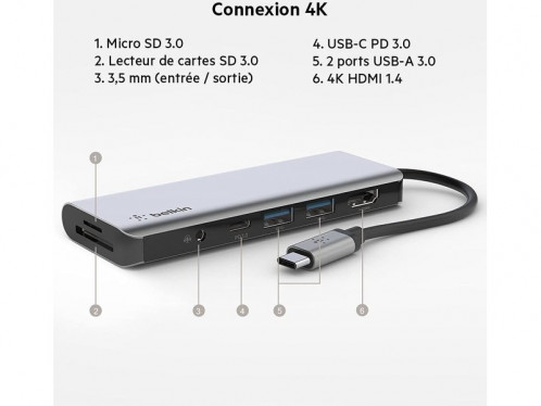 Belkin Hub USB-C Station d'accueil 7 ports Charge USB-C 100W HUBBLK0007-04