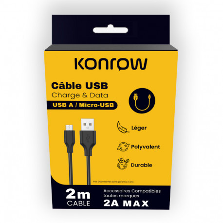 Konrow KCATMPB2 Câble Micro USB vers Type A (2m, Noir) Emballage Original KCATMPB2-01