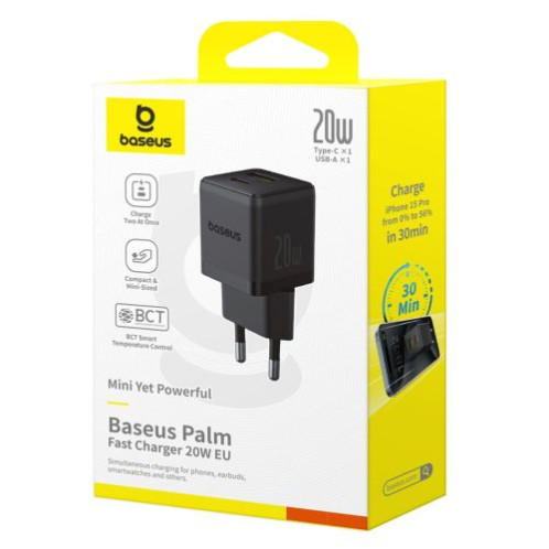 Baseus Travel Charger Palm Series, C+U, PD 3.0, QC 3.0, 20W, Black EU (P10111608113-00) DA62323-02