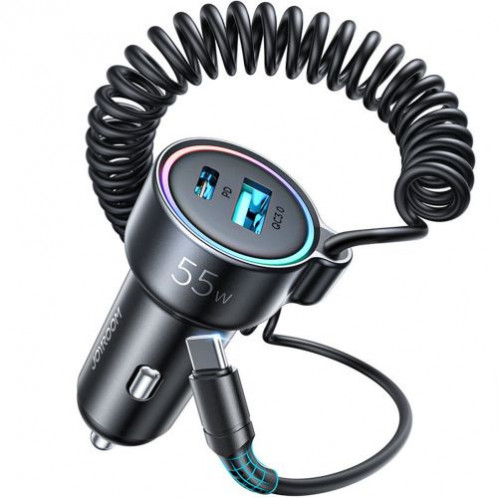Joyroom Car Charger 3-in-1, C+U with Type-C Coiled Cable 1.5m, 55W, Black (JR-CL07) DO838255-09
