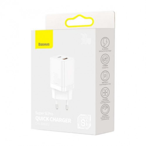 Baseus Travel Charger Super Si Pro mini Fast Charger, C+U, PD 3.0, QC 3.0 30W EU White (CCSUPP-E02) DA102058-013