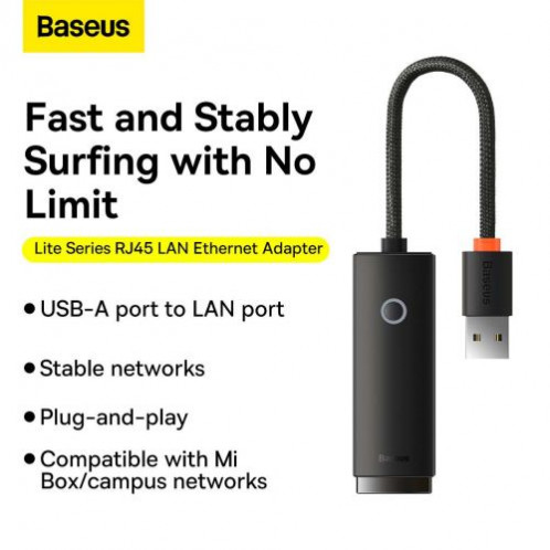 Baseus Network Adapter Lite Series Ethernet Adapter USB-A to RJ45 LAN Port (100Mbps) Black (WKQX000001) DA612457-017