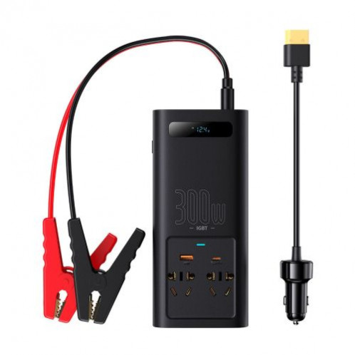Baseus Car Power Inverter IGBT 300W/ 220V (C+U + Dual EU plug) with 12V clamp cables (0.40m) and Cigarette Lighter Socket Cable (0.60m), Black (CGNB010101) DA5257373-05