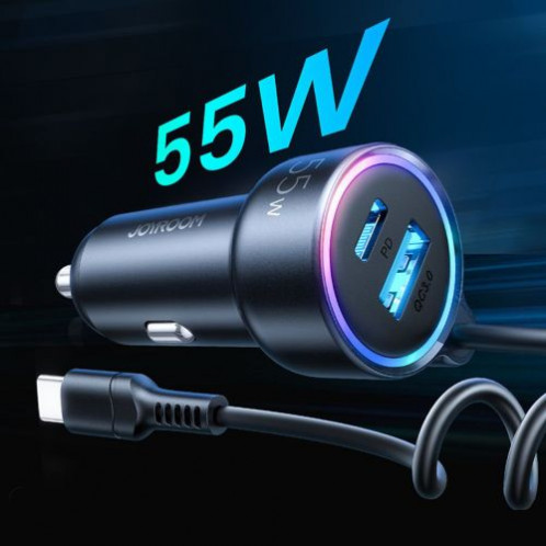 Joyroom Car Charger 3-in-1, C+U with Type-C Coiled Cable 1.5m, 55W, Black (JR-CL07) DO838255-09