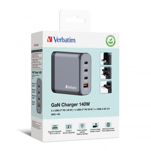 Verbatim GNC-140 GaN Charg. 140W 3xUSB-C PD, 1xUSB-A QC 3.0 32203 871803-010