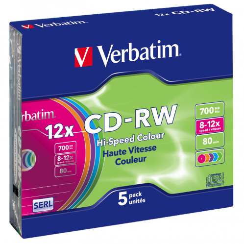 1x5 Verbatim CD-RW 80 / 700MB 10x Speed, Colour, Slim 545977-00