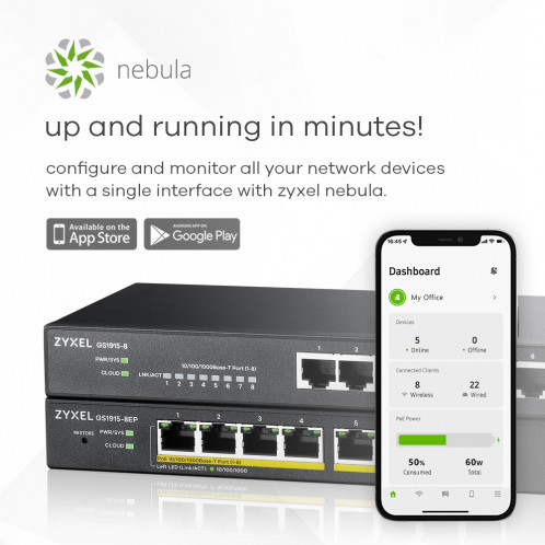 Zyxel GS1915-8EP 8-port Smart Switch, NebulaFlex 729262-09