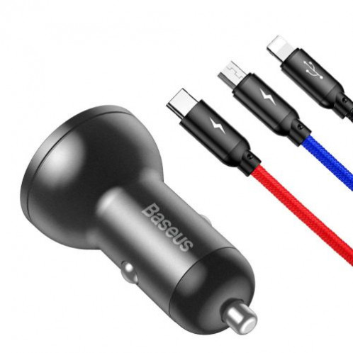 Baseus Car Charger Digital Display 2xUSB with 3-in-1 Cable 1.2m, 24W 4.8A, Black/Gray (TZCCBX-0G) DA720141-08