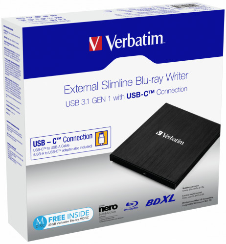 Verbatim Slimline Blu-ray Writer USB 3.1 GEN 1 USB-C 43889 446854-04
