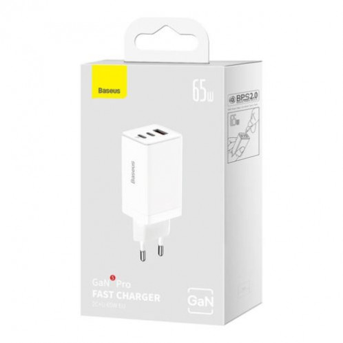 Baseus Travel Charger GaN5 Pro Fast wall charger, C+C+U, QC, AFC, PD 65W with Type-C to Type-C (100W) 1m, White EU (CCGP120202) DA2362411-03