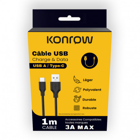 Konrow KCATCNB1 Câble USB Type A vers Type C 1m Nylon Noir (Blister) KCATCNB1-01