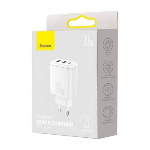 Baseus Travel Charger Compact Quick Charger U+U+C PD3.0, QC 3.0 30W EU White (CCXJ-E02) DA91562-015