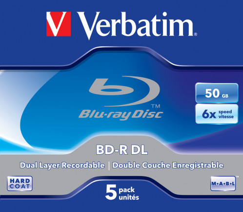 1x5 Verbatim BD-R Blu-Ray 50GB 6x Speed, étui blanc & bleu 776552-03