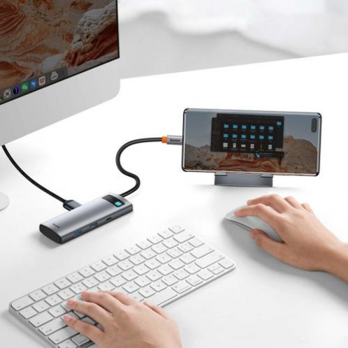 Baseus HUB Metal Gleam series 7-in-1 Multifunctional (Type-C to 2x USB 3.0, PD 100W / HDMI 4K 30Hz / RJ45 1Gbps, Type-C basic) Gray (WKWG020113) DA2678519-024