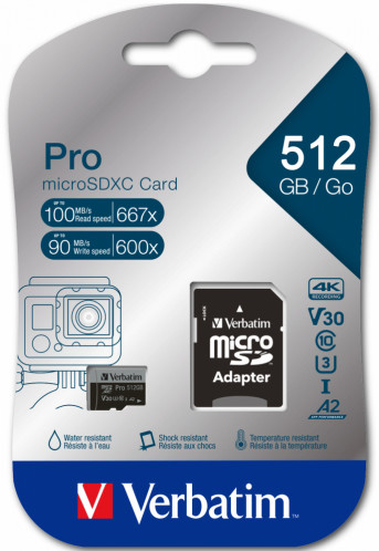 Verbatim microSDXC Pro 512GB Class 10 UHS-I + adaptateur 818106-08