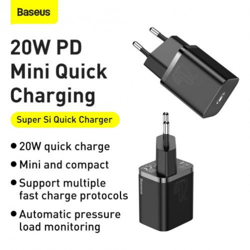 Baseus Travel Charger set Super Si 1C PD Fast charger 20W EU Black (CCSUP-B01) DA685758-012
