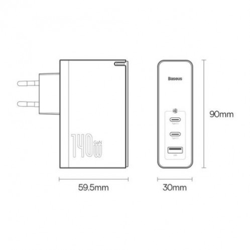 Baseus Travel Charger GaN5 Pro Fast wall charger, C+C+U, 140W White EU (CCGP100202) DA4830527-014