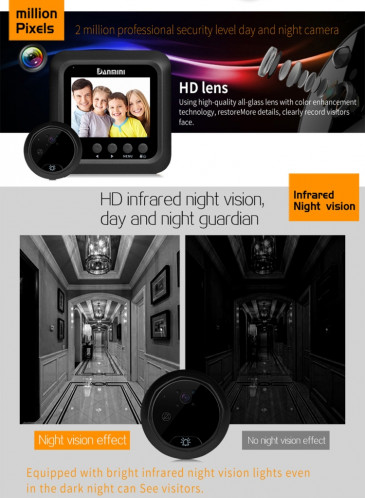 Danmini W5 2.4 pouces écran 2.0MP caméra de sécurité sans dérangement visionneuse de judas, carte TF de soutien / vision nocturne / enregistrement vidéo (noir) SD255B479-016